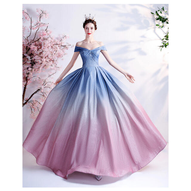 【即納】 ファッショナブルな青い粉のグラデーションプリンセスイブニングドレス ロングドレス