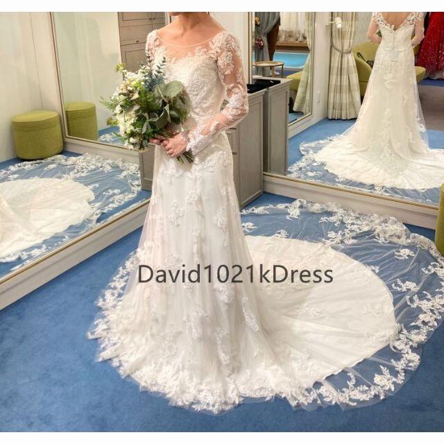 ウェディングドレスウェディングドレス   高級3D立体レース刺繍  長袖   トレーン 撮り 花嫁