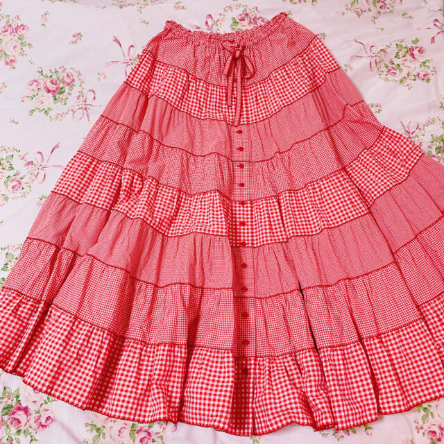 PINK HOUSE(ピンクハウス)のPINK HOUSE ピンクハウス　赤ギンガムチェック　ティアードスカート レディースのスカート(ロングスカート)の商品写真