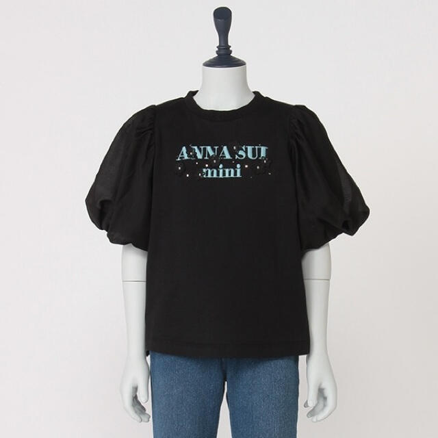 ANNA SUI mini(アナスイミニ)のアナスイミニ　花×ロゴボリューム袖Tシャツ　140   黒　ブラック キッズ/ベビー/マタニティのキッズ服女の子用(90cm~)(Tシャツ/カットソー)の商品写真