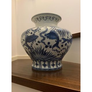 【美品】中国　元染　青花魚藻紋壺　花瓶　(陶芸)