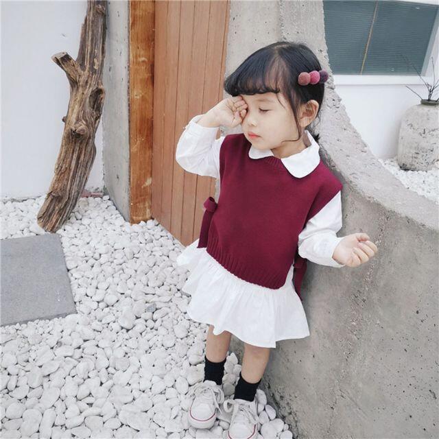 ベスト セーター 韓国子供服　サイドリボン おしゃれ　レイヤード キッズ/ベビー/マタニティのキッズ服女の子用(90cm~)(ニット)の商品写真