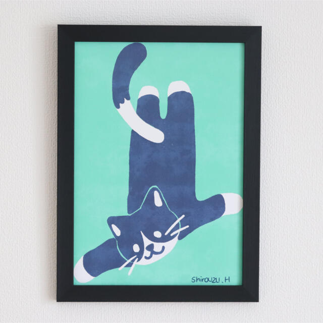 【送料無料】A4アートポスター・やわらかく動く 黒ネコ ハンドメイドのインテリア/家具(アート/写真)の商品写真