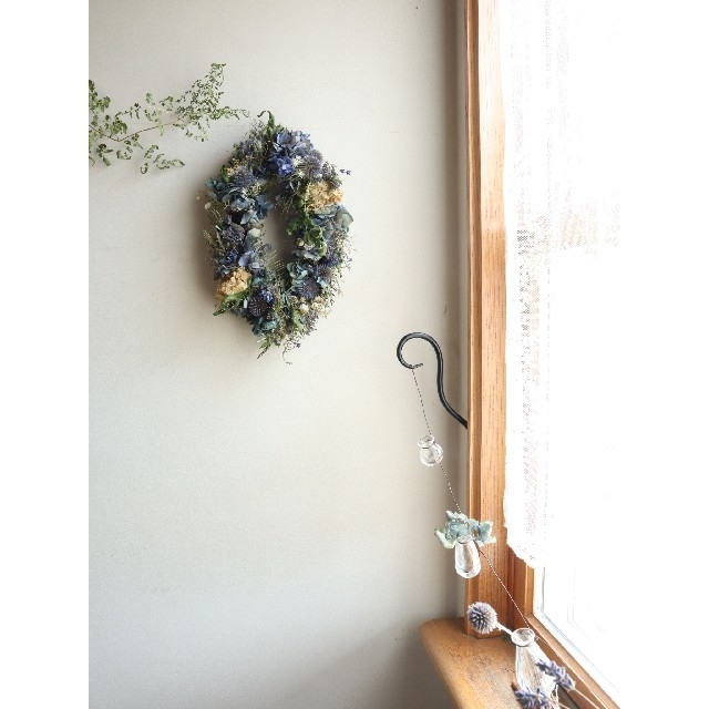 藍色紫陽花とラベンダーのオーバルリース。紫陽花リース。ドライフラワーリース