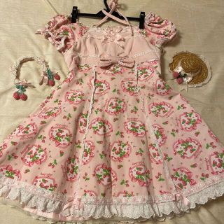 アンジェリックプリティー(Angelic Pretty)のオリジナル苺プリントワンピース+ホイップベリィカチューシャ(ひざ丈ワンピース)