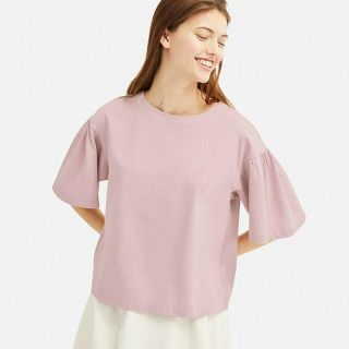 ユニクロ(UNIQLO)のユニクロ マーゼライズコットンギャザースリーブT ピンク Tシャツ S フリル(Tシャツ(半袖/袖なし))