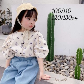 限定セール♥韓国子供服110　パフスリーブ袖✾リネンTシャツ　女の子　半袖　夏服(ブラウス)