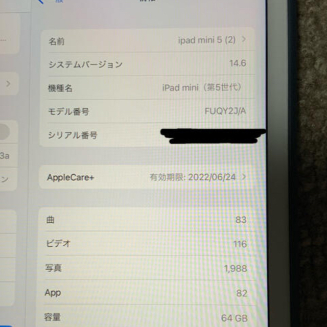 ipad mini 5 wifi 64GB applecare＋(〜R4年6月) 2