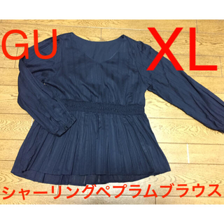 ジーユー(GU)の古着XL［GU］シャーリングペプラムブラウス（紺）(シャツ/ブラウス(長袖/七分))