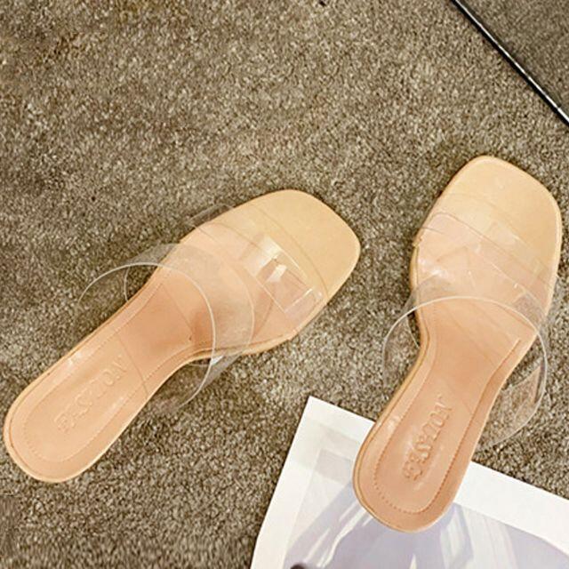 クリアサンダルクリアヒール7cm透明サンダル太ヒールサマーシューズベージュ レディースの靴/シューズ(サンダル)の商品写真