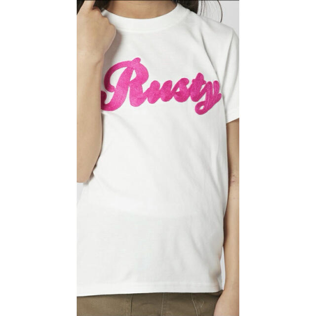 RUSTY(ラスティ)の【新品】RUSTY キッズ 半袖 UVカットＴシャツ 150 白×ピンク文字 キッズ/ベビー/マタニティのキッズ服女の子用(90cm~)(Tシャツ/カットソー)の商品写真