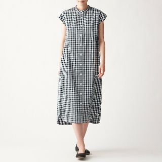 ムジルシリョウヒン(MUJI (無印良品))の◎新品◎ 無印良品綿混ストレッチフレンチスリーブワンピース／ 黒×チェック／Ｌ(ひざ丈ワンピース)