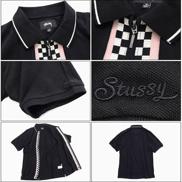 STUSSY(ステューシー)の【廃盤】ステューシー チェッカーフラッグ ジップ ポロシャツ メンズ M 黒 メンズのトップス(ポロシャツ)の商品写真