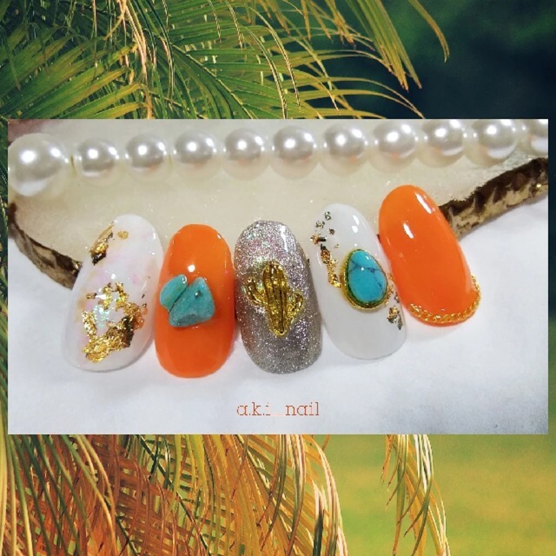 No614/ジェルネイルチップ☆付け爪~ターコイズ×サボテン☆オレンジ ハンドメイドのアクセサリー(ネイルチップ)の商品写真