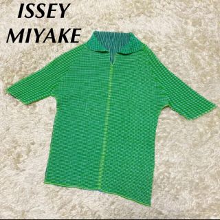 イッセイミヤケ(ISSEY MIYAKE)のイッセイミヤケ カットソー チェック 変形 デザイン 襟 グリーン 3(カットソー(半袖/袖なし))