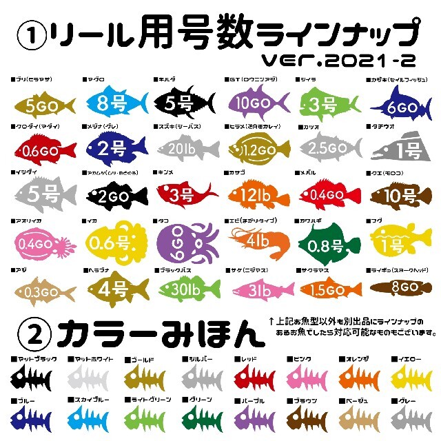 リール用ライン号数ステッカー 10枚セット！釣り！魚種30種類送料込！ スポーツ/アウトドアのフィッシング(リール)の商品写真