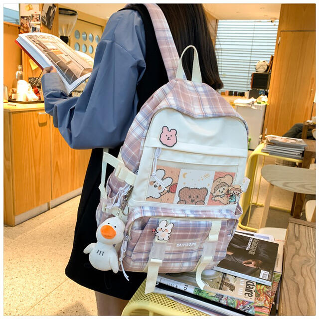 大容量!! 韓国 リュック チェック柄パープル 学生 レディース キャンパス レディースのバッグ(リュック/バックパック)の商品写真