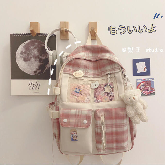 大容量!! 韓国 リュック チェック柄ピンク 学生 レディース キャンパス レディースのバッグ(リュック/バックパック)の商品写真