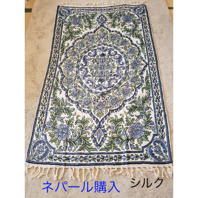ネパール購入◇シルク刺繍タペストリー ブルー アジアンラグ 壁掛