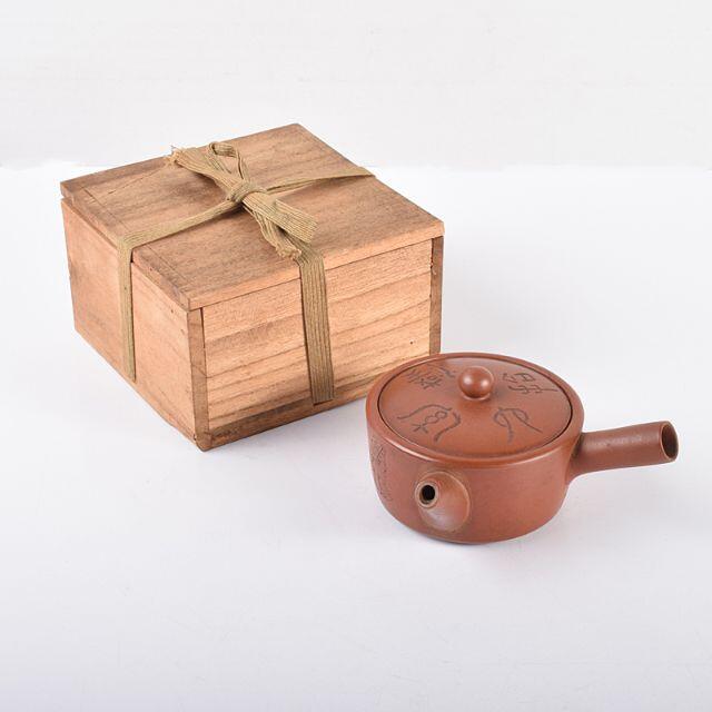 煎茶道具　常滑焼　月光　朱泥　十六羅漢図　急須　茶壷　時代箱付　M　R3756陶芸