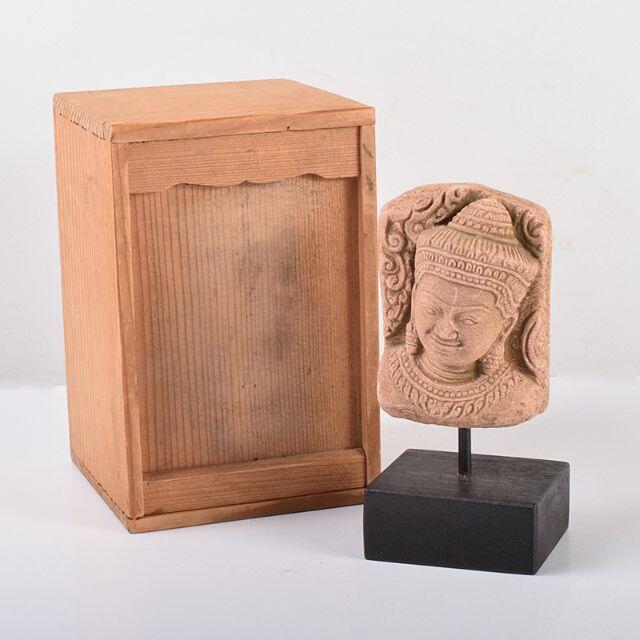仏教美術　タイ　石仏　頭俑　仏頭　台座・時代箱付　C　R3766