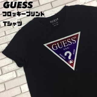 ゲス(GUESS)の古着 GUESS ゲス フロッキー プリント ロゴ tシャツ オーバーサイズ 黒(Tシャツ/カットソー(半袖/袖なし))