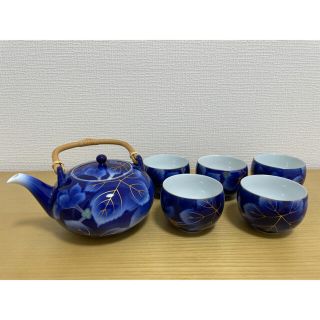 【美品】深川製磁　茶器揃　急須　湯呑み　瑠璃・染錦葡萄柄  6点(食器)