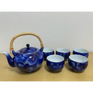 【美品】深川製磁　茶器揃　急須　湯呑み　瑠璃・染錦葡萄柄  6点(食器)