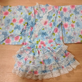 【リボンクルール】女の子浴衣スカート95cm 蝶柄 花柄 水色 ブルー ピンク(甚平/浴衣)
