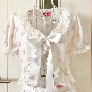 ベイビーザスターズシャインブライト(BABY,THE STARS SHINE BRIGHT)の★BABY★ドット柄フリルレース半袖ボレロ(オフ白×ピンク)(カーディガン)