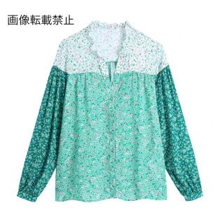 ザラ(ZARA)の🌻7月新作🏖4834◆green グリーン パッチワーク 花柄 シャツ ブラウス(シャツ/ブラウス(長袖/七分))