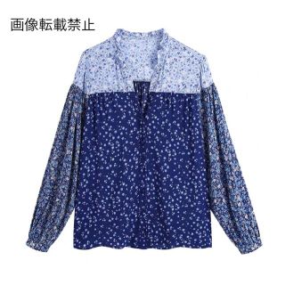 ザラ(ZARA)の🌻7月新作🏖4835◆blue ブルー パッチワーク 花柄 シャツ ブラウス(シャツ/ブラウス(長袖/七分))