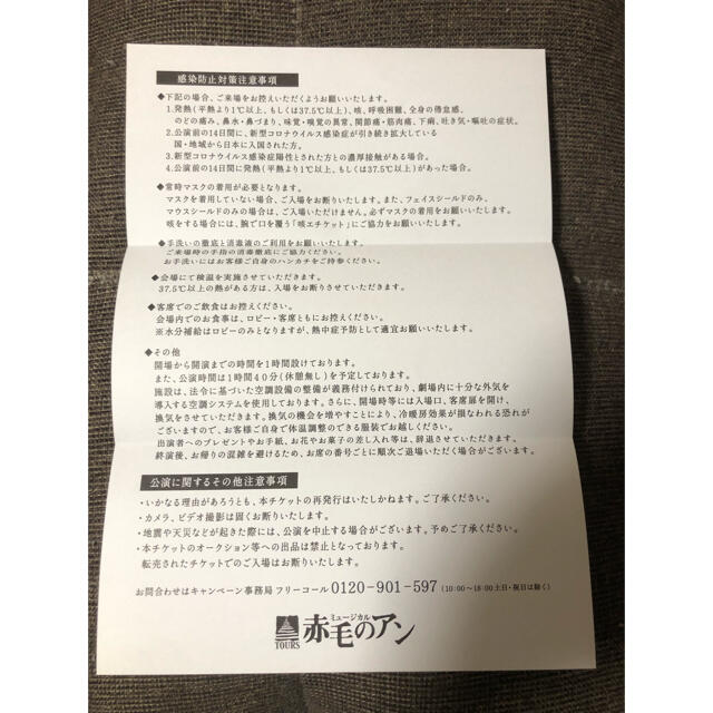 赤毛のアン　ミュージカルチケット　福岡サンパレス　2枚 チケットの演劇/芸能(ミュージカル)の商品写真