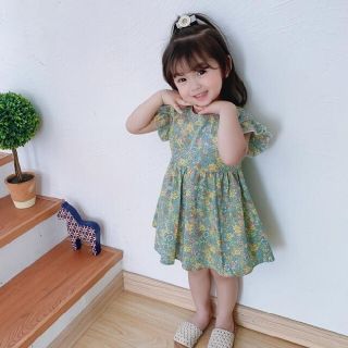 韓国ファッション　子供服　花柄ワンピース　イエローグリーン系　90(ワンピース)