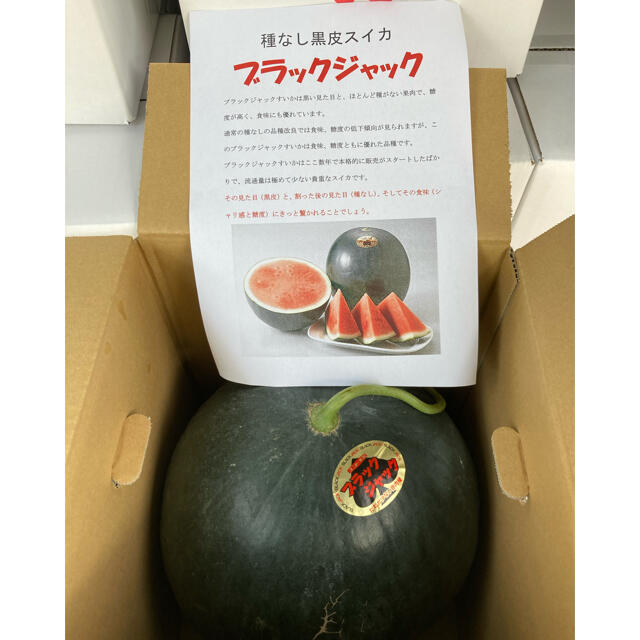 送料込み！富里産　ブラックジャック（種無し黒皮スイカ）超特大4L 1玉 食品/飲料/酒の食品(フルーツ)の商品写真