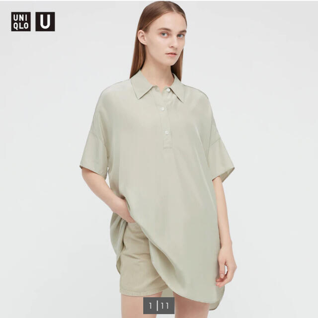 UNIQLO(ユニクロ)のシャイニーレーヨンポロチュニック（半袖）　50 LIGHT GREEN  レディースのトップス(シャツ/ブラウス(半袖/袖なし))の商品写真