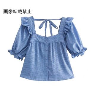 ザラ(ZARA)の🌻7月新作🏖4865◆blue ブルー ラインチェック柄 フリル ブラウス(シャツ/ブラウス(半袖/袖なし))