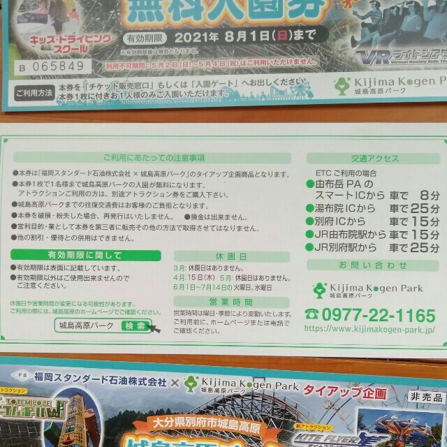 城島高原パーク　無料入園券　3名分 チケットの施設利用券(遊園地/テーマパーク)の商品写真