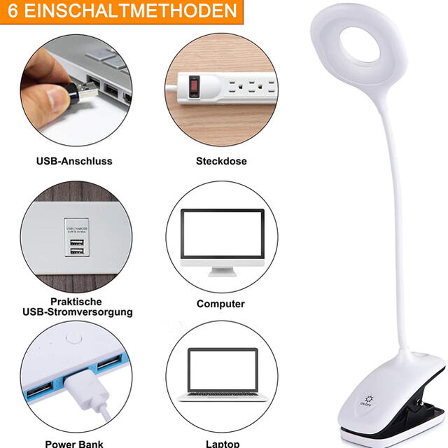 クリップライト タッチ式  LEDライト 360度回転　USB充電　電気スタンド インテリア/住まい/日用品のライト/照明/LED(テーブルスタンド)の商品写真