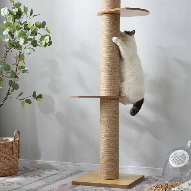 キャットタワー 猫タワー 突っ張り 木製 木登りタワー 省スペース全麻縄巻 麻紐