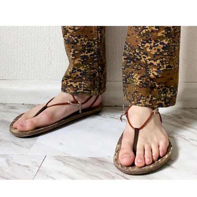 カスタム リメイク 3mmレザーレース ブラウン ベージュ ワラーチ サンダル メンズの靴/シューズ(サンダル)の商品写真