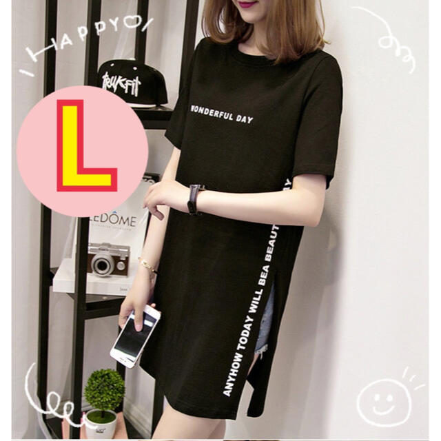 tシャツ ロング丈　スリット　ブラック韓国　L レディースのトップス(Tシャツ(半袖/袖なし))の商品写真