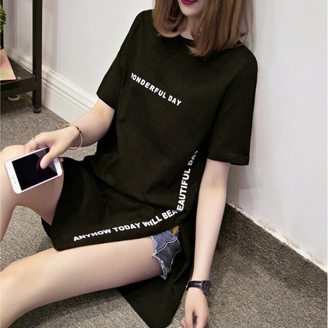 tシャツ ロング丈　スリット　ブラック韓国　L レディースのトップス(Tシャツ(半袖/袖なし))の商品写真