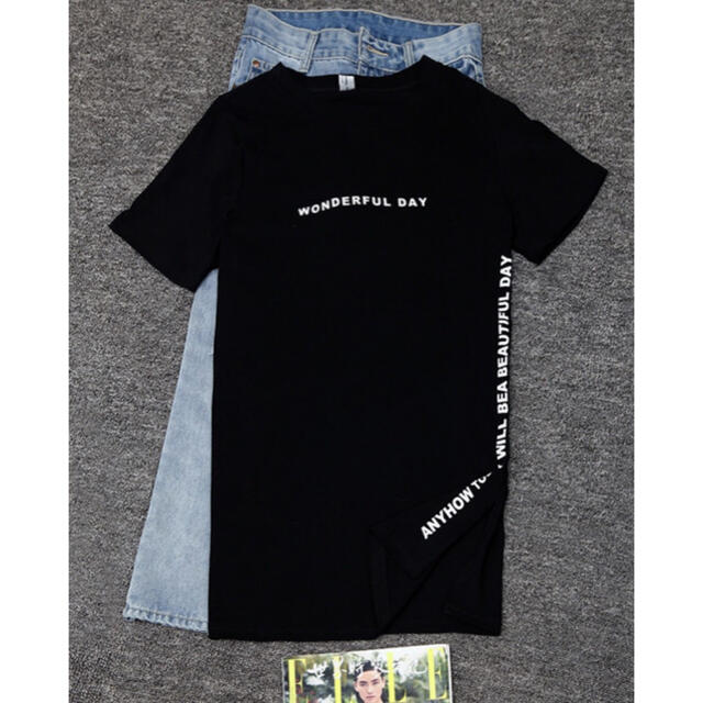 tシャツ ロング丈　スリット　ブラック韓国　L レディースのトップス(Tシャツ(半袖/袖なし))の商品写真