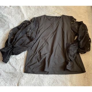 ザラ(ZARA)のZARA 異素材MIX 透け感フラワーレース　7分袖トップス　ブラック(カットソー(長袖/七分))