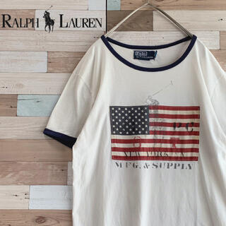 ラルフローレン(Ralph Lauren)のポロバイラルフローレン リンガーTシャツ Mサイズ 白 ネイビー 星条旗(Tシャツ/カットソー(半袖/袖なし))