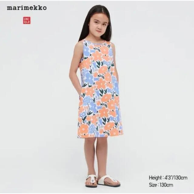 marimekko(マリメッコ)の日本未発売★marimekko uniqlo キッズワンピース　花柄　オレンジ キッズ/ベビー/マタニティのキッズ服女の子用(90cm~)(ワンピース)の商品写真