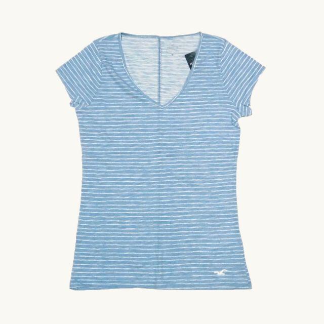 Hollister(ホリスター)の★新品★ホリスター★ボーダー半袖ＶネックTシャツ (Light Blue/L) レディースのトップス(Tシャツ(半袖/袖なし))の商品写真