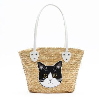 ねこ 刺繍 かごバッグ 猫 トートバ ッグ A/ハチワレ猫(かごバッグ/ストローバッグ)