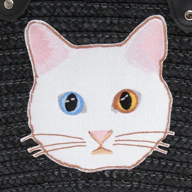 ねこ 刺繍 かごバッグ 猫 トートバ ッグ D/白猫 レディースのバッグ(かごバッグ/ストローバッグ)の商品写真
